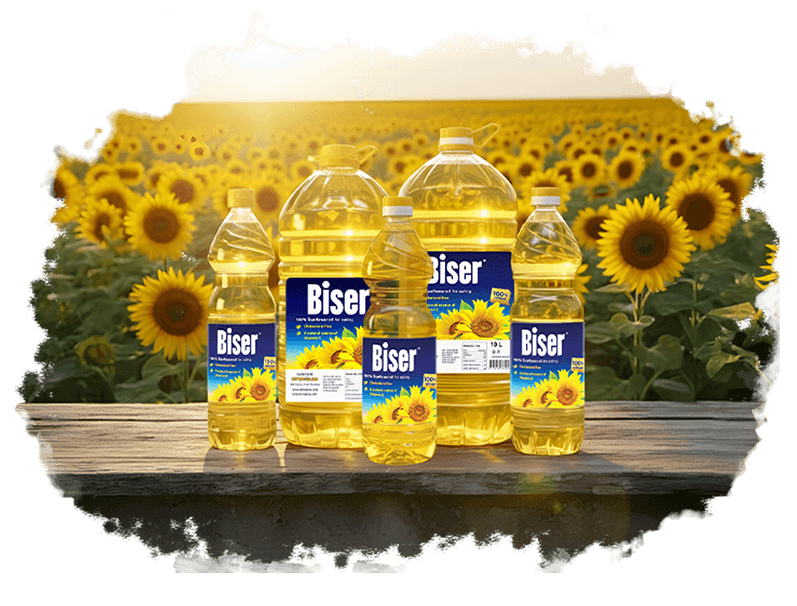 BISER sunflower oil bottles with sunflower field background