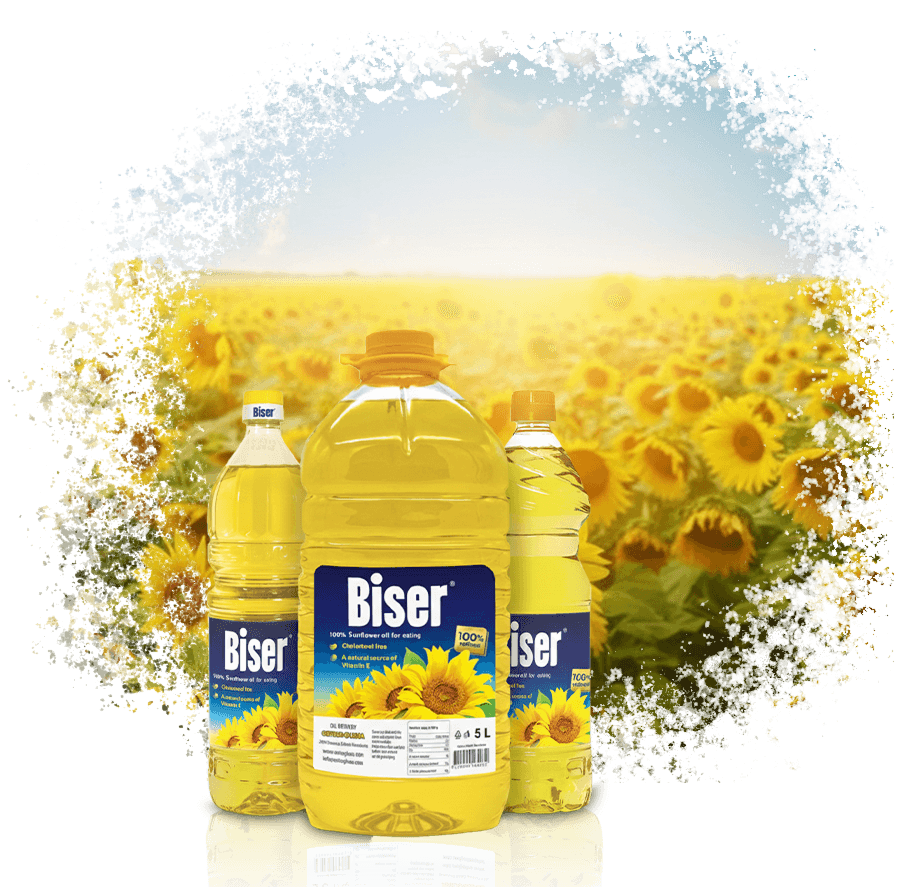 Biser sunflower oil bottles with sunflower field